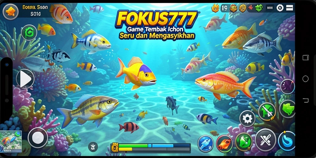Tampilan screenshot FOKUS777 yang menunjukkan gameplay menembak ikan.