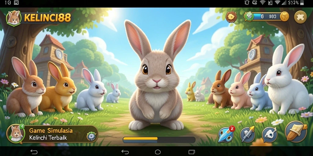 Tampilan gamplay KELINCI88 dengan kelinci-kelinci imut dan peternakan yang indah.