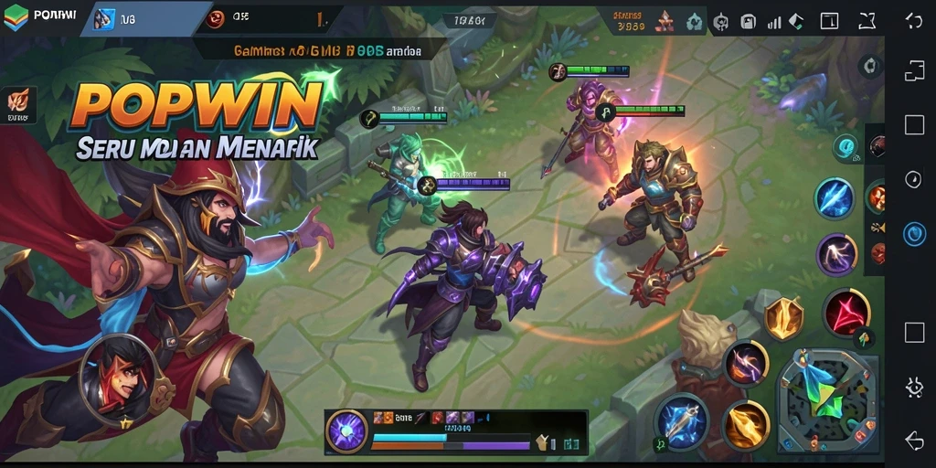 Tampilan gameplay seru dalam POPWIN dengan aksi MOBA menegangkan.