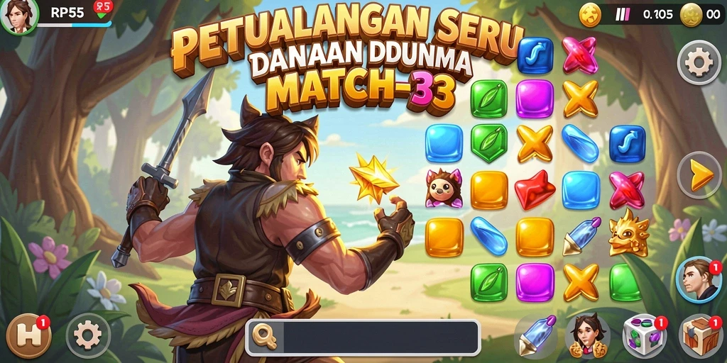 Screenshot RP55 menunjukkan gameplay Match-3 yang seru.