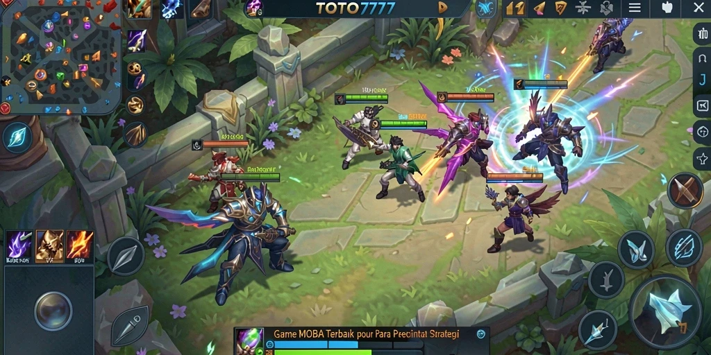 Screenshot gameplay TOTO777 yang menunjukkan pertempuran seru di arena MOBA.