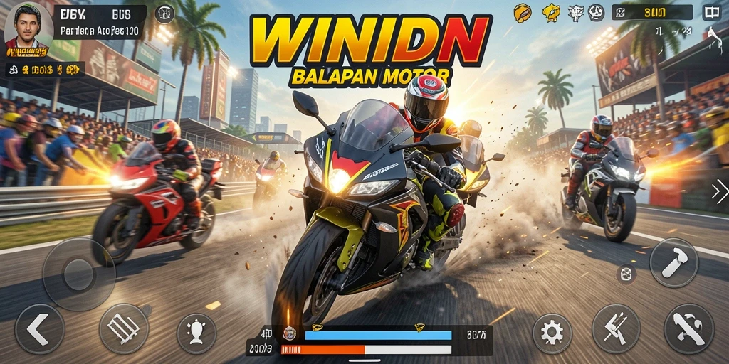Tampilan gameplay WINIDN yang mendebarkan dalam balapan motor.